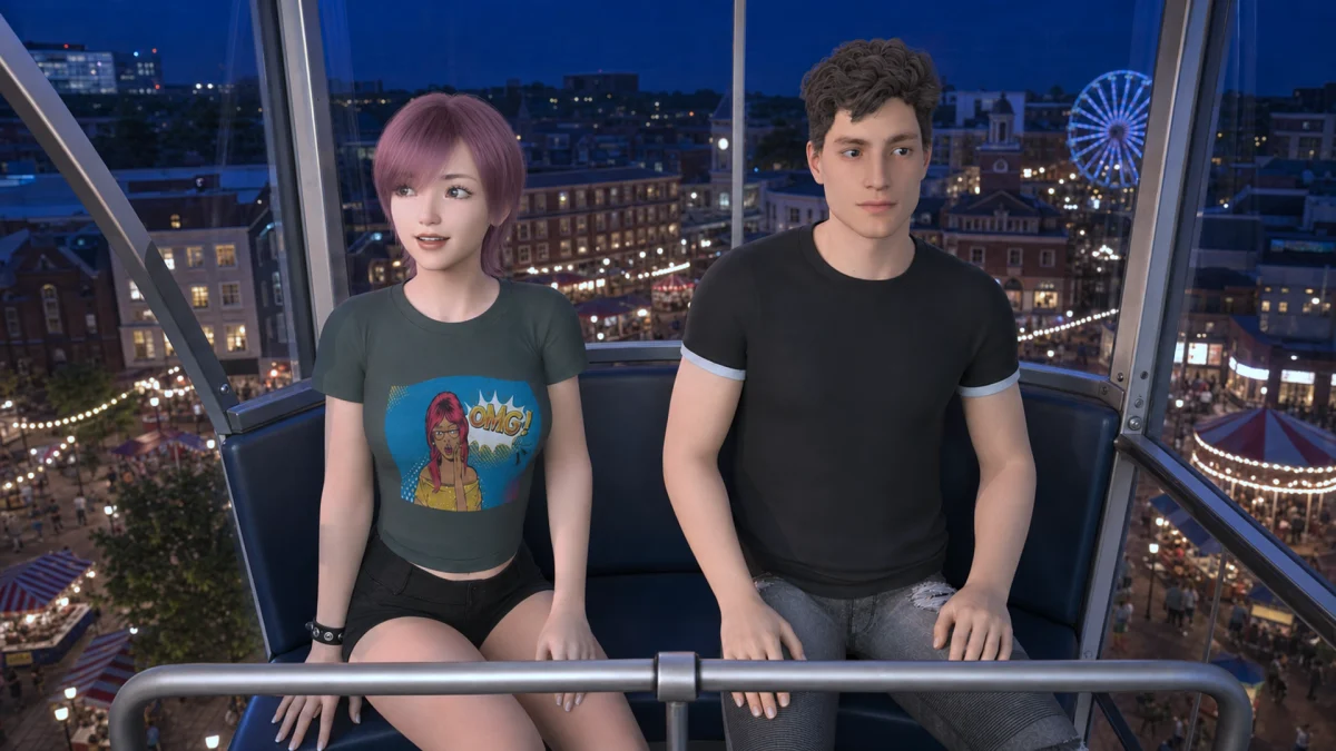 Two TGIF characters riding a Ferris wheel above the summer lights